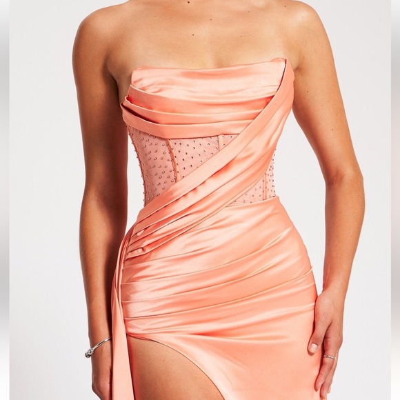 Coral Crystal Corset High Slit Draped Gown - NWT - Picture 6 of 12